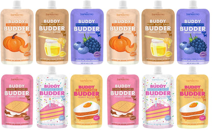 BUDDY BUDDER 6 Pack Mixed Flavor Squeeze Packs, 100% Natural Dog Peanut Butter, Healthy Peanut Butter Dog Treats, Made in USA, (4oz Packs)