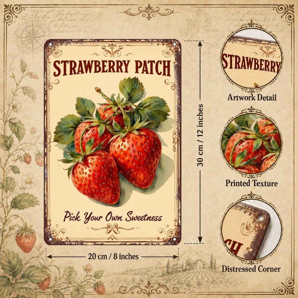 Strawberry Patch Tin Sign - Metal 12x8 Inch Farmhouse Rustic Wall Art for Kitchen, Garden, Fruit Stand, Gift for Strawberry Lovers