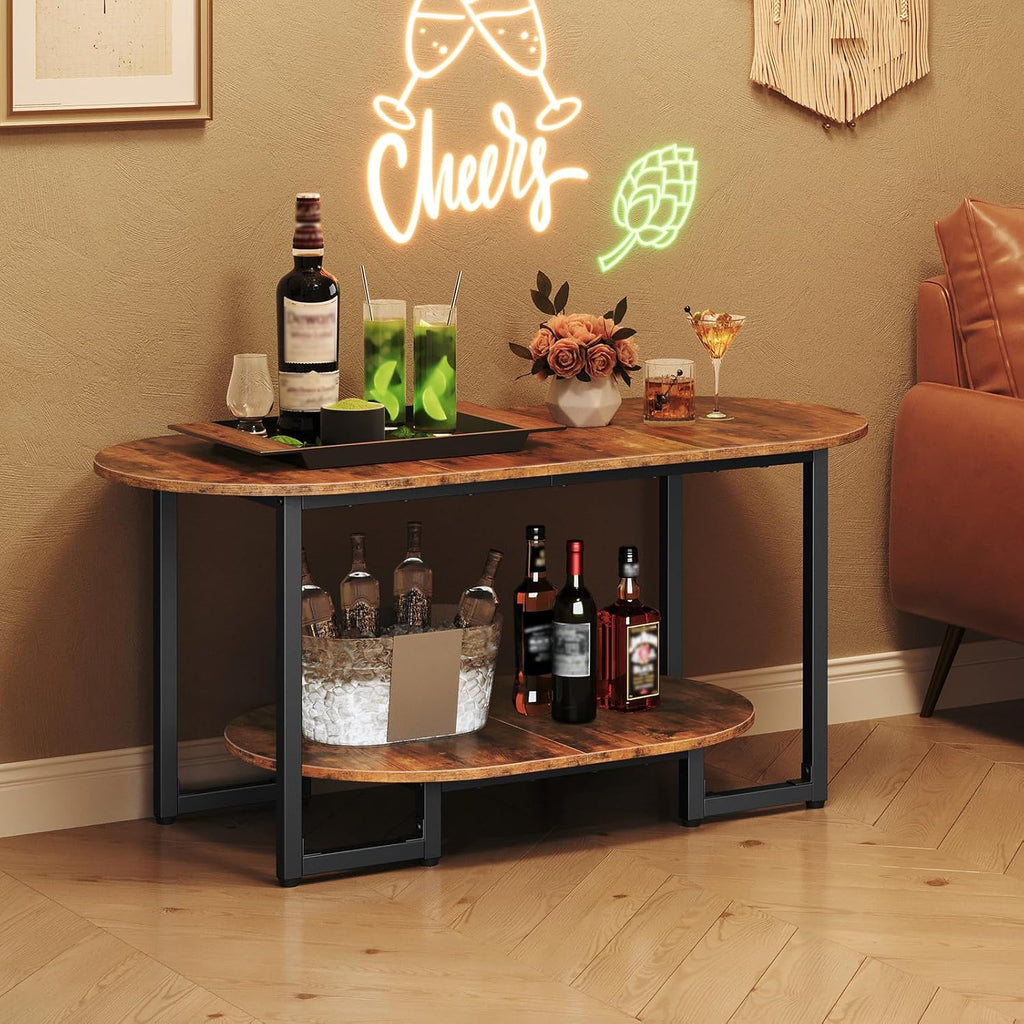 Coffee Table for Living Room, Oval Small Coffee Table with 2-Tier Open Storage Shelf, Industrial Cocktail Tea Table, Wooden Desktop Center Table, Farmhouse, Home Office, Rustic Brown BF09KF01
