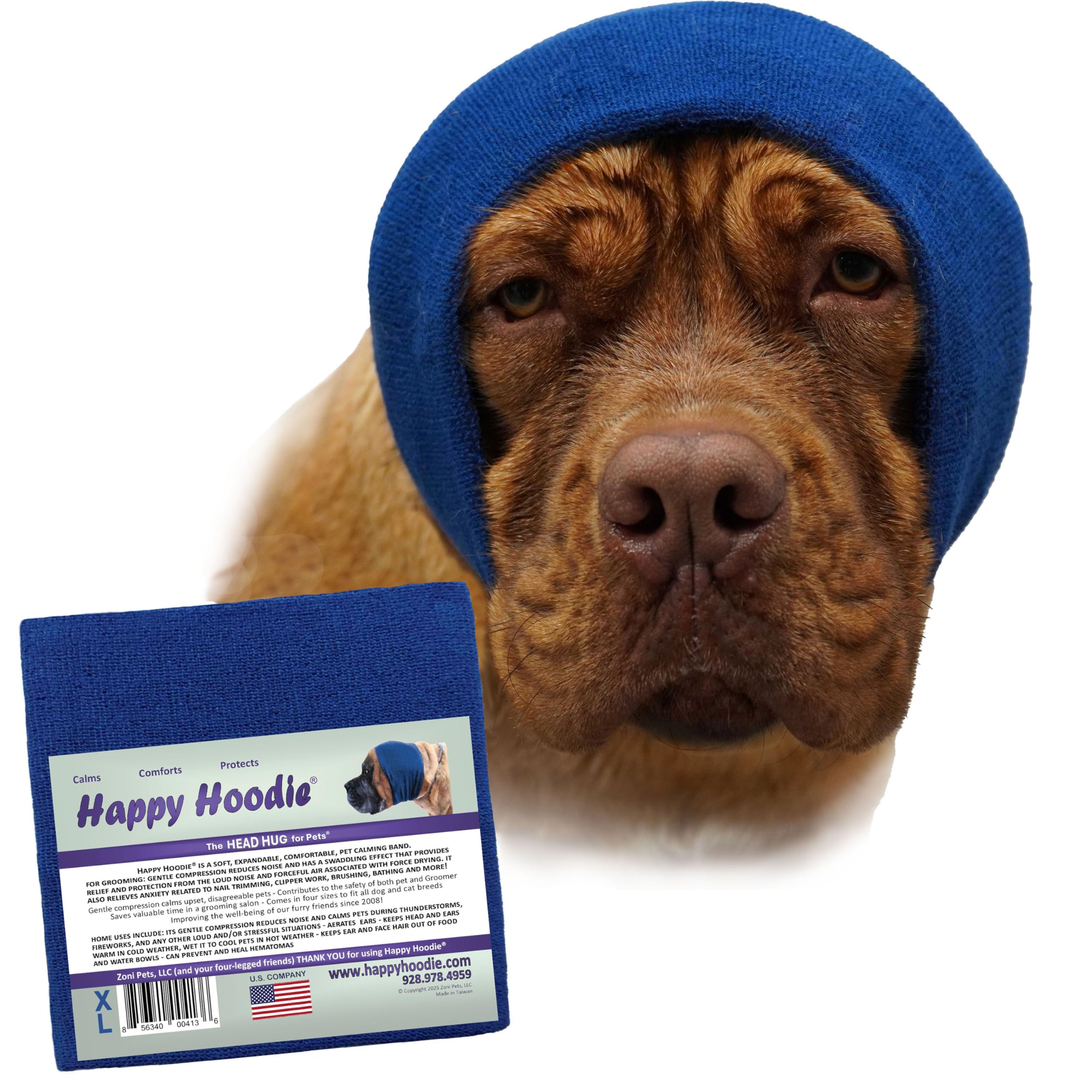 Happy Hoodie The Original Dog & Cat Calming Band - American Brand - Anxiety Relief/Noise Protection-Grooming-Thunder-Fireworks (Large, Blue) - Since 2008