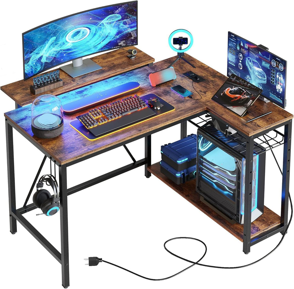 Bestier White Computer Desk with Charging Port & LED Strip,42 inch Modern Gaming Desk with Reversible Storage Shelves,Small L Shaped Desk with Hooks for Home Office