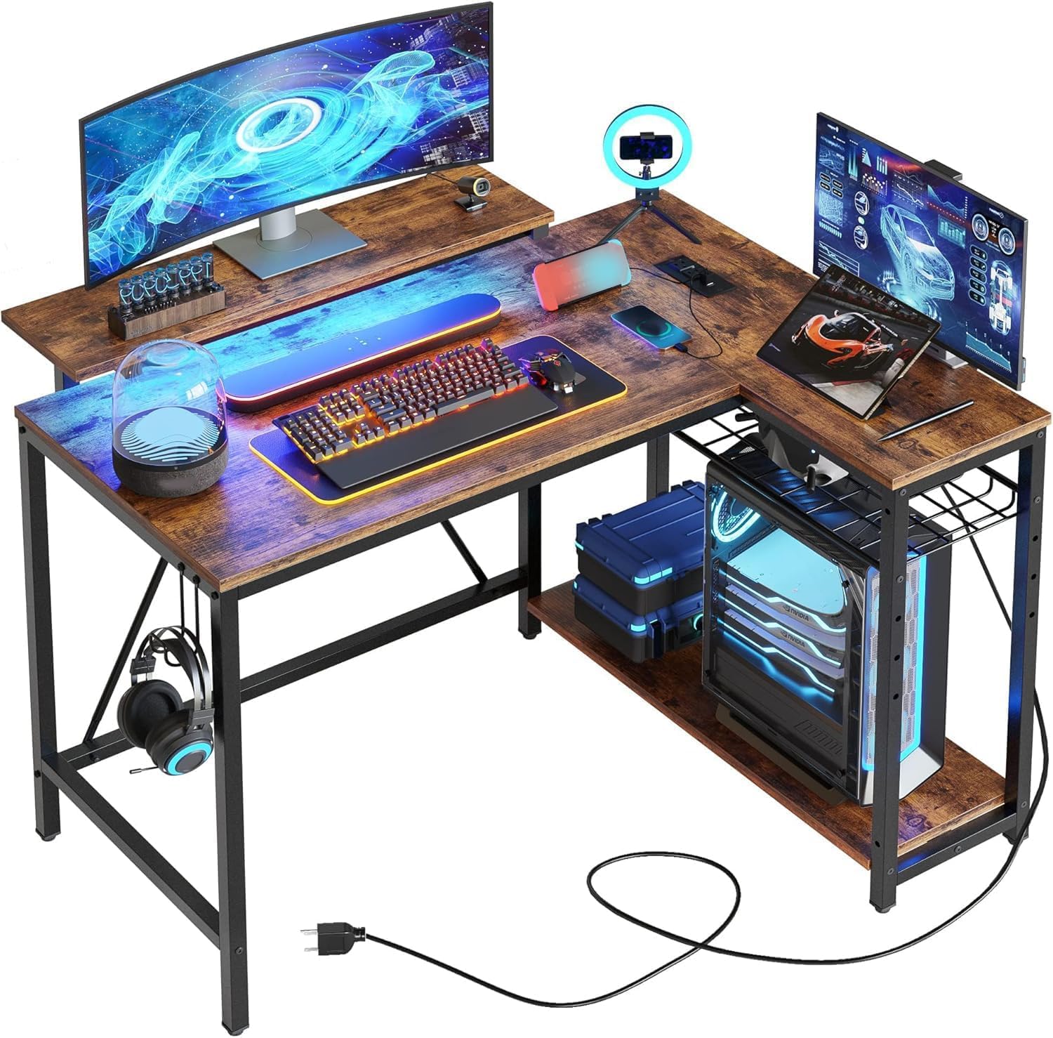 Bestier White Computer Desk with Charging Port & LED Strip,42 inch Modern Gaming Desk with Reversible Storage Shelves,Small L Shaped Desk with Hooks for Home Office
