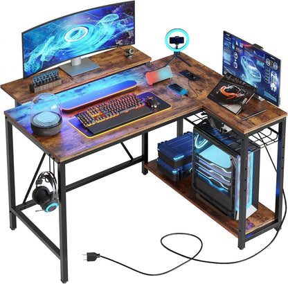 Bestier White Computer Desk with Charging Port & LED Strip,42 inch Modern Gaming Desk with Reversible Storage Shelves,Small L Shaped Desk with Hooks for Home Office