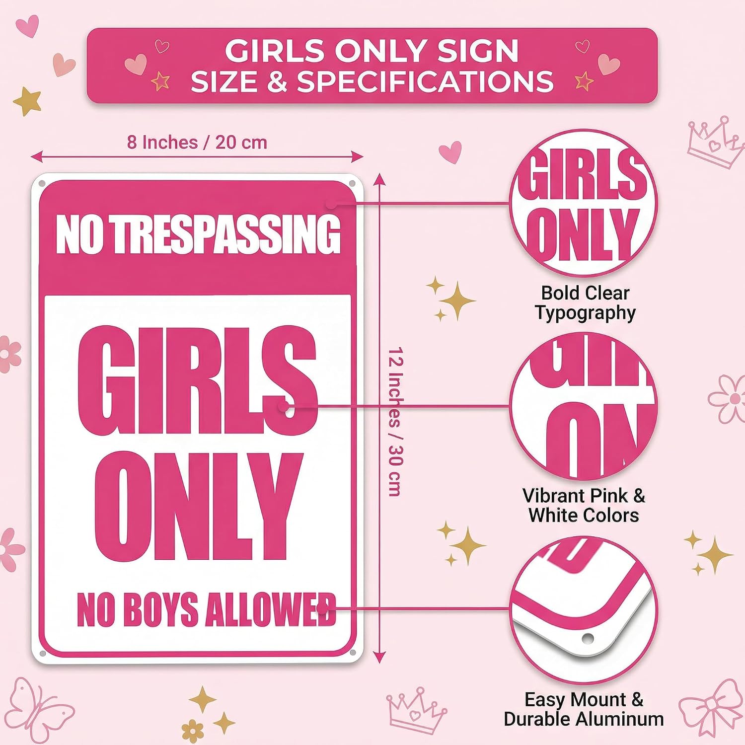 Smilelife Girls Gifts Funny Only Sign No Trespassing No Boys Allowed Tin Sign for Room Bedroom Dorm Wall Decor 8 X 12 Inch (3010)