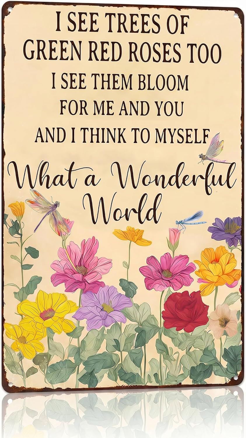 BHOKEM Vintage Garden Sign - What A Wonderful World Funny Tin Sign for Garden, Yard, Patio, Porch, Greenhouse Decor 8x12 Inch