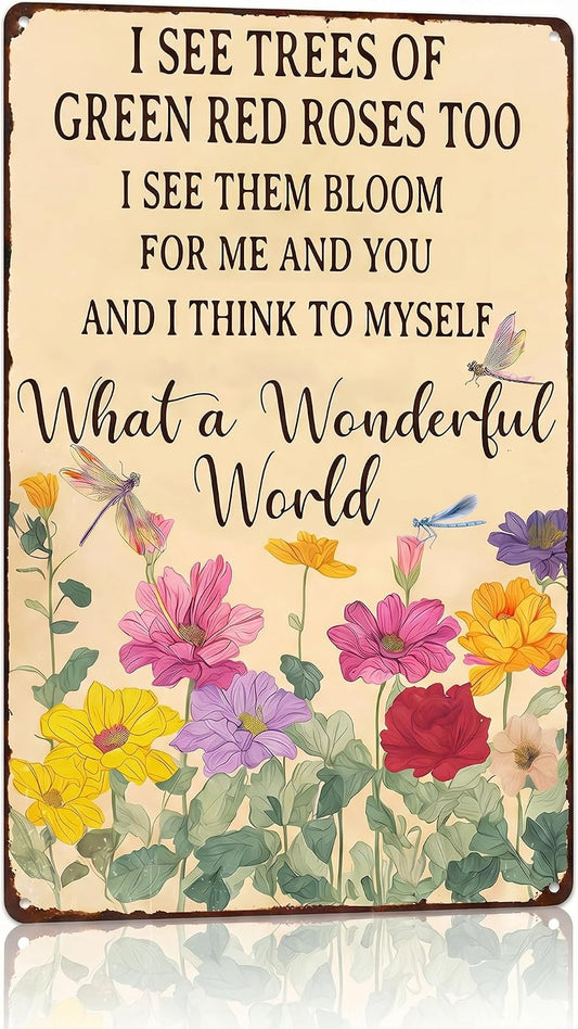 BHOKEM Vintage Garden Sign - What A Wonderful World Funny Tin Sign for Garden, Yard, Patio, Porch, Greenhouse Decor 8x12 Inch