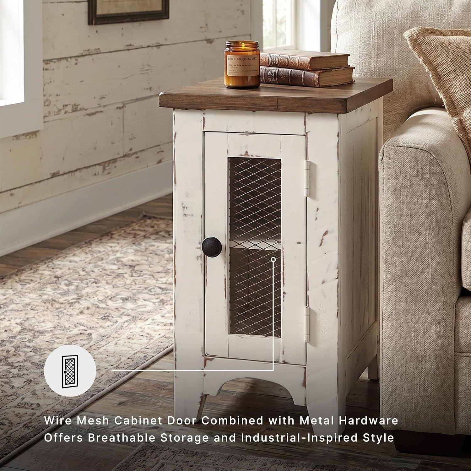 Signature Design by Ashley Wystfield Farmhouse Chair Side End Table with Cabinet Door for Storage, White & Brown with Distressed Finish