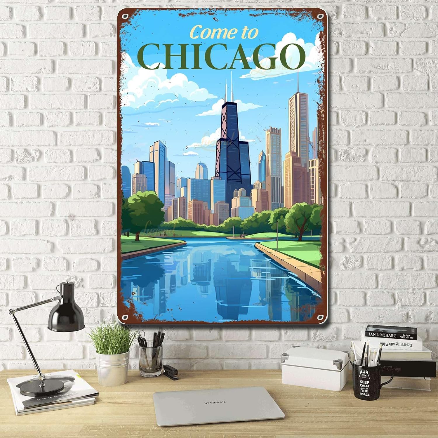 Lygond Metal Sign Tin Sign Vintage Wall Art Come to Chicago Travel Greenhouse Decor for Gift 8×12 Inches
