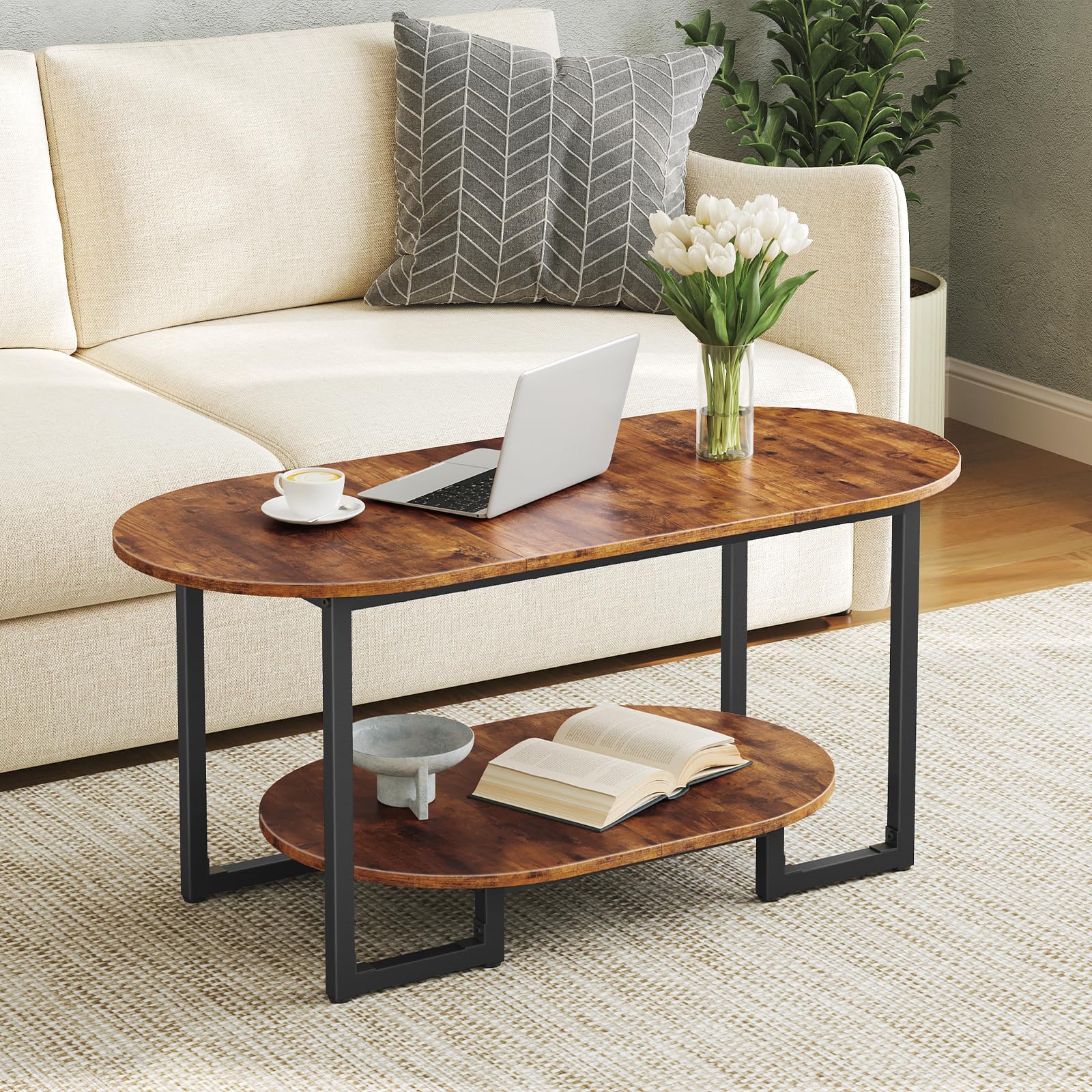 Coffee Table for Living Room, Oval Small Coffee Table with 2-Tier Open Storage Shelf, Industrial Cocktail Tea Table, Wooden Desktop Center Table, Farmhouse, Home Office, Rustic Brown BF09KF01