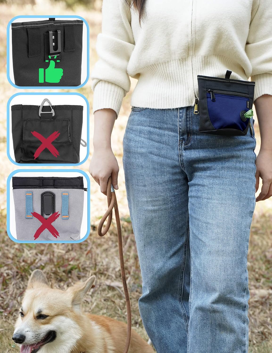 Gobeigo Dog Treat Pouch and Training Clicker, Upgrade Two Magnetic Closure to Prevent Spills, 2 Cup Treat Bag with Poop Bag Dispenser, Metal Clip Waist Belt Fanny Pack for Pet Walk (Black/Blue)