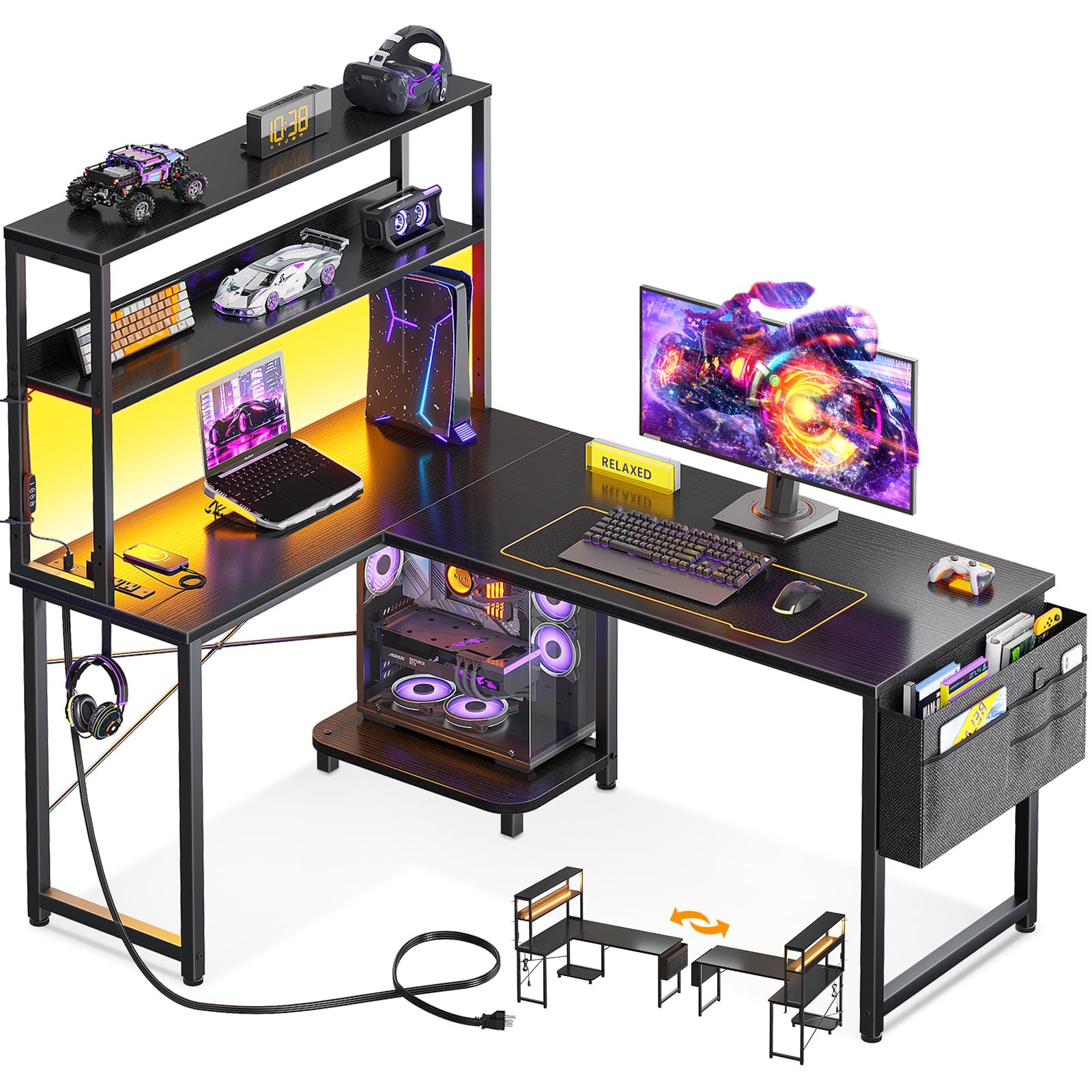 ODK 53 Inch L Shaped Gaming Desk with LED Lighting, Reversible Desk with Power Outlets, Cornor Computer Table with Storage Shelves & Bag & Iron Hook, Home Office Table for Writing, Study, Black