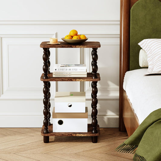 Retro End Table, 3-Tier Small Side Table, Narrow Couch Side Table for Small Spaces, Farmhouse End Table, Modern Accent Table, Skinny Bedside Table Nightstand for Bedroom, Living Room (Rustic Brown)