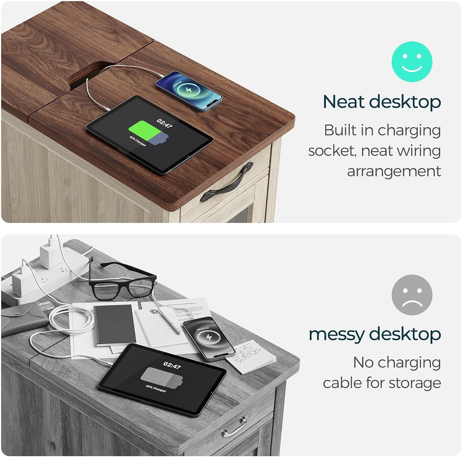 LINSY HOME End Table with Charging Station, Modern Farmhouse Wooden Side Table with Drawer, Detachable Holder, Extra Storage & Display Space, for Living Room and Bedroom, Glass Door, Washed Grey