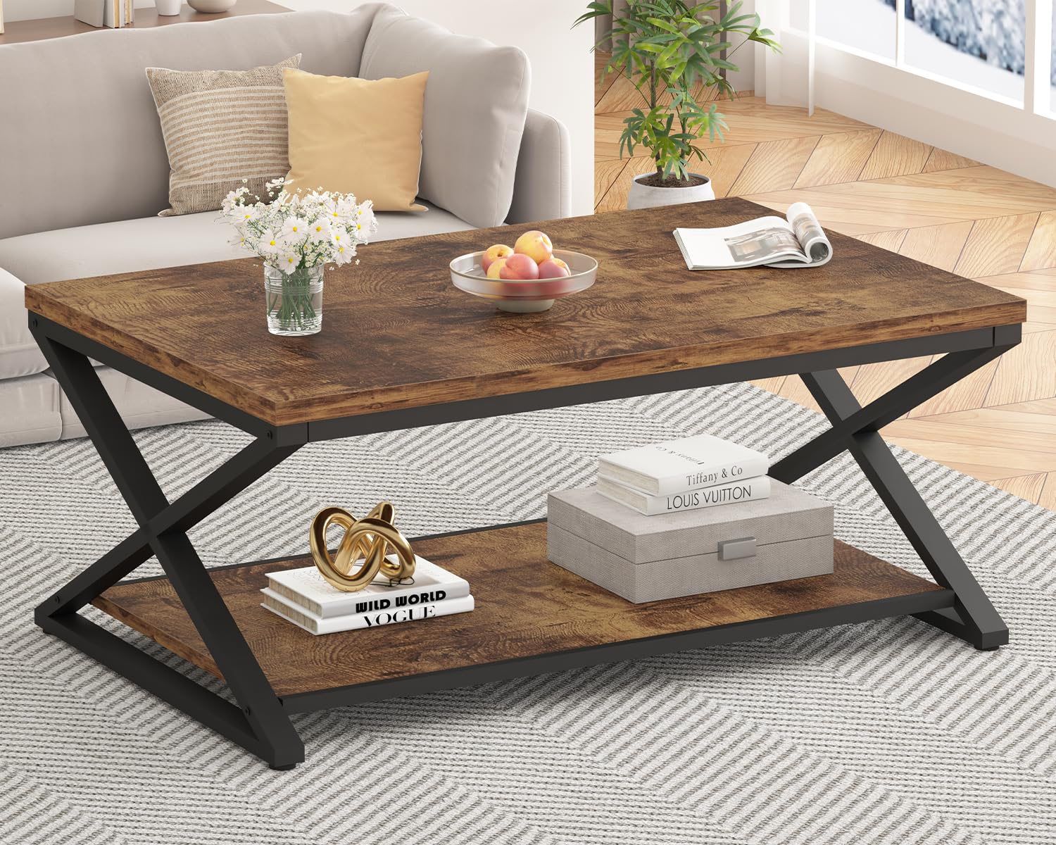 HSH Rustic Coffee Table with Storage Shelf, Industrial Metal Wood Living Room Table, Farmhouse Minimalist Rectangle Center Table, Vintage Simple 2 Tier Cocktail Tea Table, Rustic Brown, 47 Inch