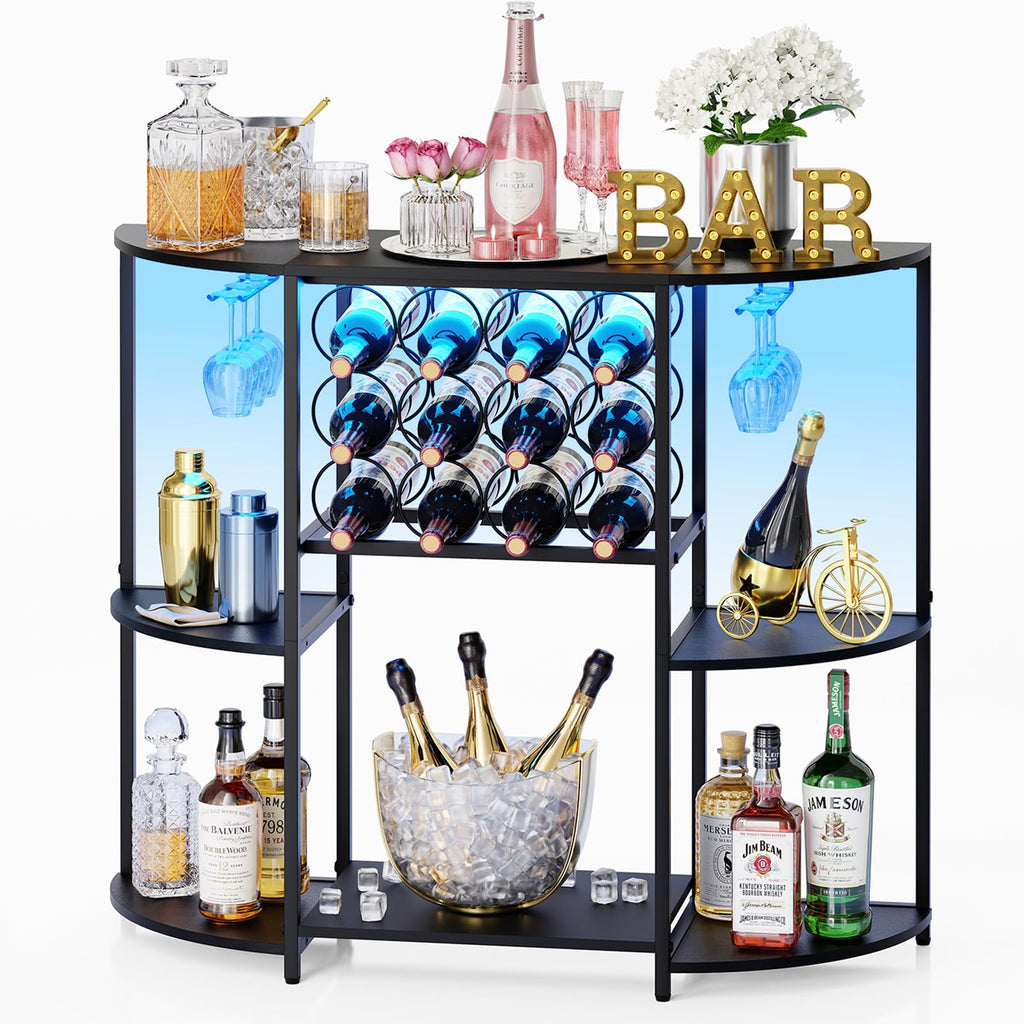 JKsmart Small Wine Bar Cart with LED Lights, Mini Wine Rack with Storage and Glass Holder, Home Bar Cart for Liquor, 3-Tier Bar Table for Kitchen, Dining Room, Living Room, Rustic Brown