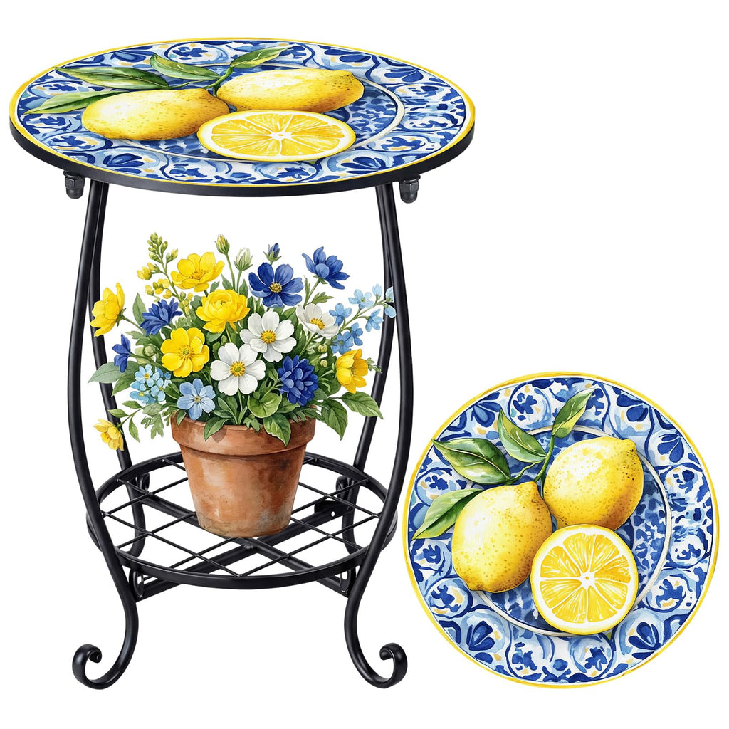 Cinnvoice Outdoor Side Table Round Small Mosaic Patio Accent Indoor End Plant Coffee Tea Table for Yard Patio Porch Garden Living Room, Bedroom(Butterfly Style,14 Inch)