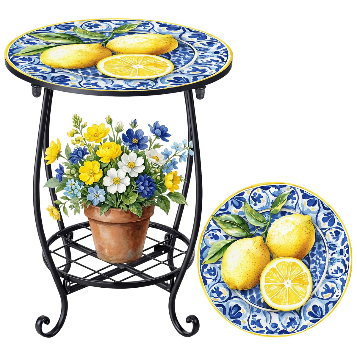 Cinnvoice Outdoor Side Table Round Small Mosaic Patio Accent Indoor End Plant Coffee Tea Table for Yard Patio Porch Garden Living Room, Bedroom(Butterfly Style,14 Inch)