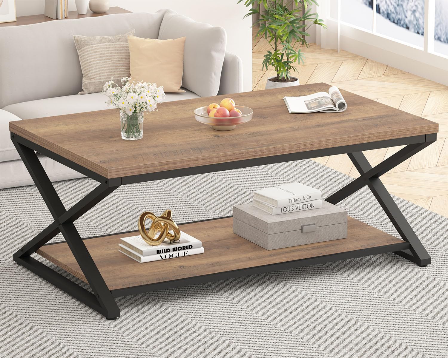 HSH Rustic Coffee Table with Storage Shelf, Industrial Metal Wood Living Room Table, Farmhouse Minimalist Rectangle Center Table, Vintage Simple 2 Tier Cocktail Tea Table, Rustic Brown, 47 Inch