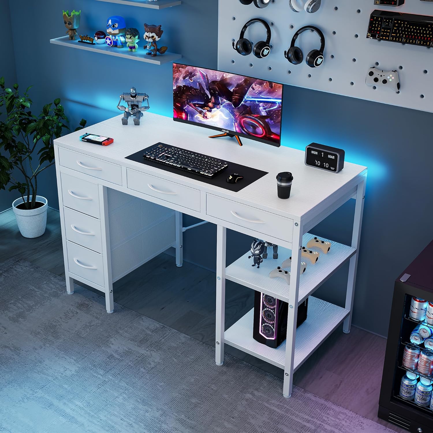 Sweetcrispy 47" Computer Desk with 6 Drawers, Home Office Gaming Desks with Storage Shelves for Bedroom, Writing Study Corner Living Room Work Table White