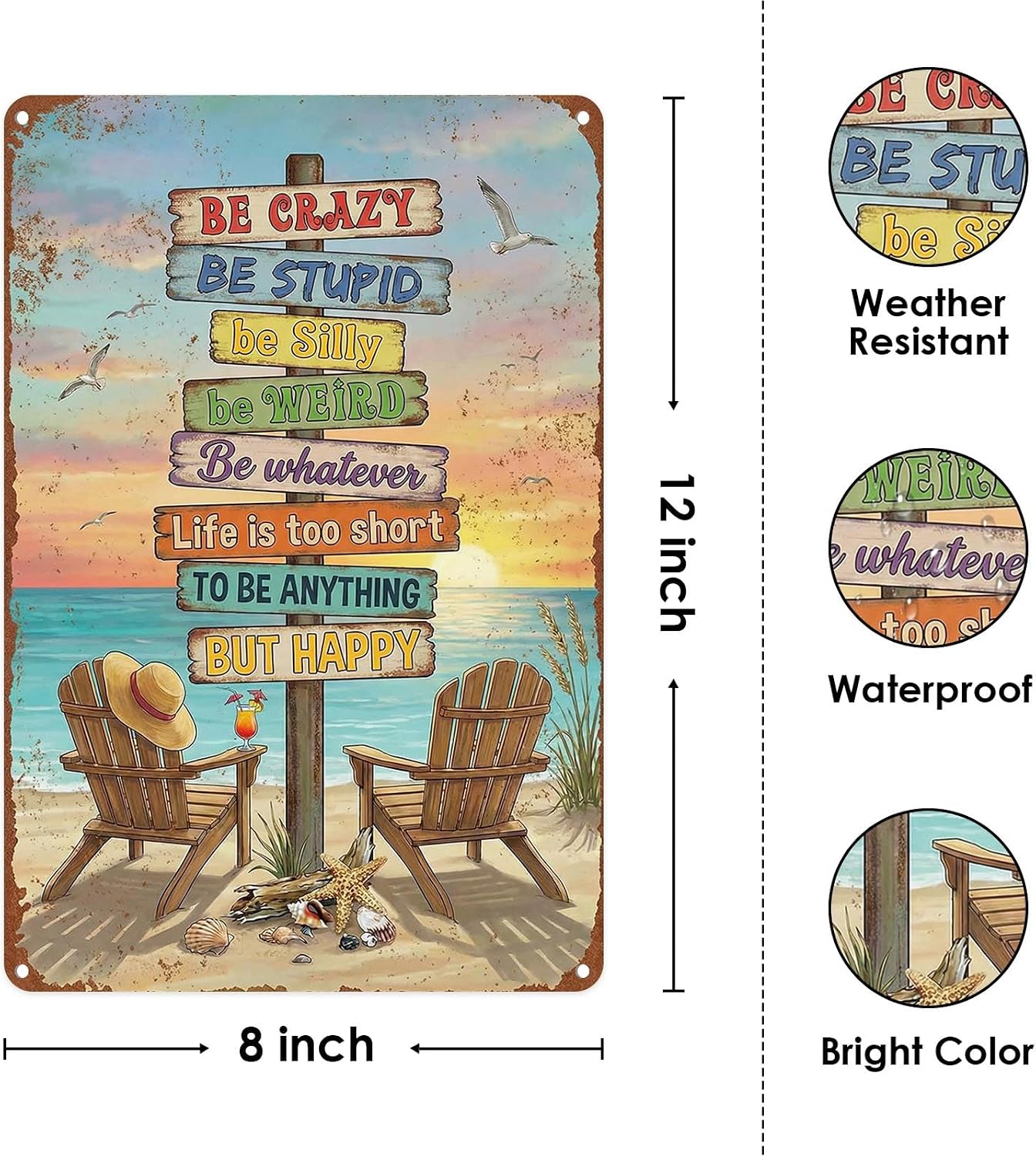 Beach Coastal Tropical Metal Tin Sign Wall Decor, Vintage Inspirational 8x12 Inch Wall Art for Lake House Coastal Beachy Room Cottage Cabin