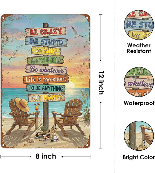 Beach Coastal Tropical Metal Tin Sign Wall Decor, Vintage Inspirational 8x12 Inch Wall Art for Lake House Coastal Beachy Room Cottage Cabin