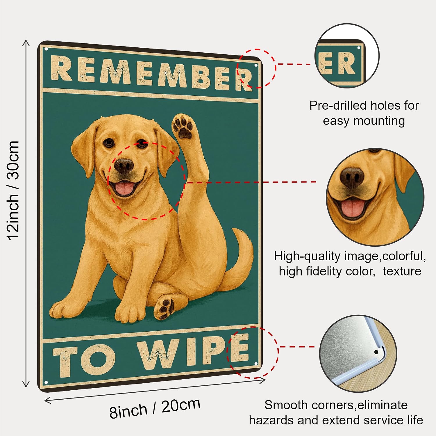 Funny Bathroom Sign, Remember to Wipe Metal Tin Sign, Dog Bathroom Wall Decor, Vintage Bathroom Accessories for Home Guest Restroom, Toilet Humor Wall Art - 8x12 Inch
