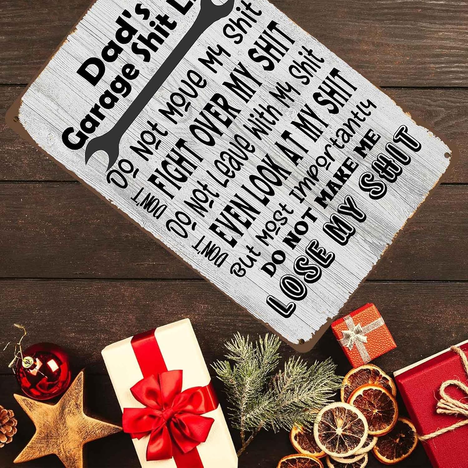 Dad's Garage Shit List 8x12 Inch Aluminum Metal Sign - Funny Man Cave Wall Decor for Garage, Workshop, Home Bar - Retro Handyman Gift Tin Sign for Fathers & Mechanics