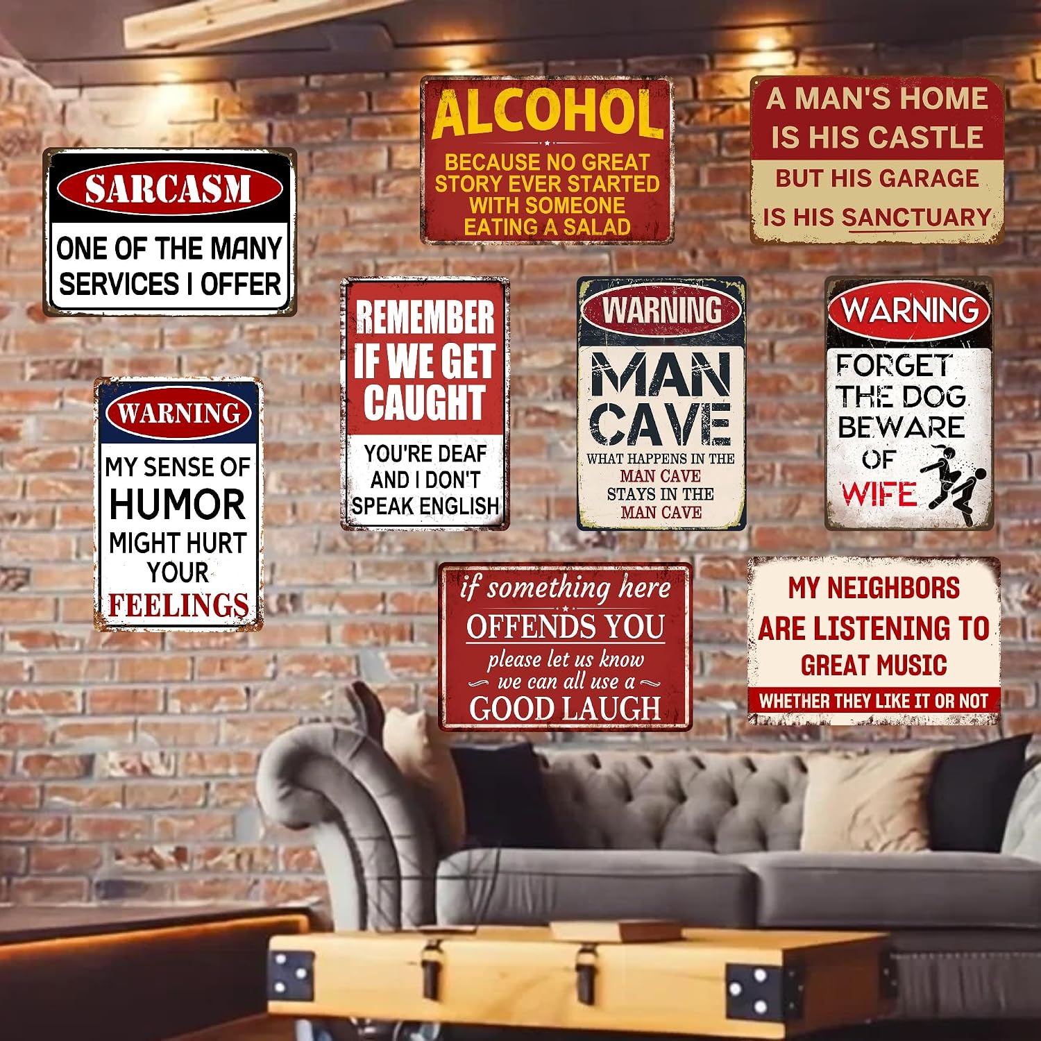Vintage Metal Tin Signs for Man Cave, Garage & Bar, Funny Signs for Men, Home Bar, Basement,Pub Wall Decor Gifts 8 x 12 Inch（9pcs）
