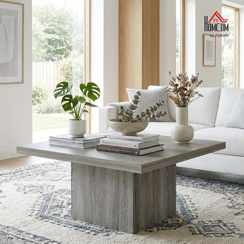 HOMCOM Living Room Table with 1.6" Thick Tabletop, Wood Rustic Coffee Table for Living Room, Farmhouse Coffee Table, Easy to Assemble, 31.5" x 31.5", Gray Wood Grain