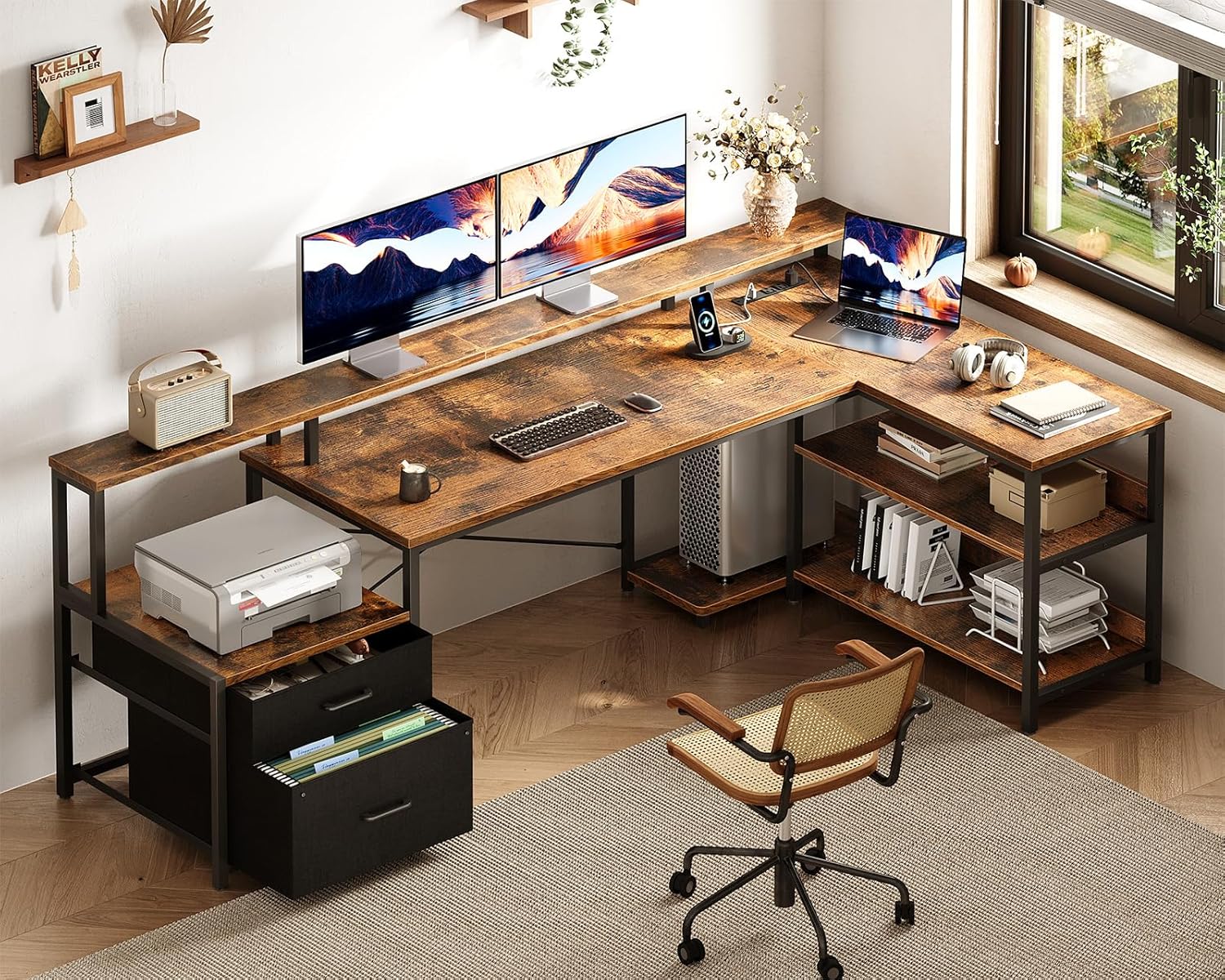 ODK 75" L Shaped Desk with File Drawers, Work from Home Office Desk with Power Outlet, Reversible Computer Desk with Storage Shelves, Gaming Desk with Monitor Shelf, Corner WFM Table, Vintage