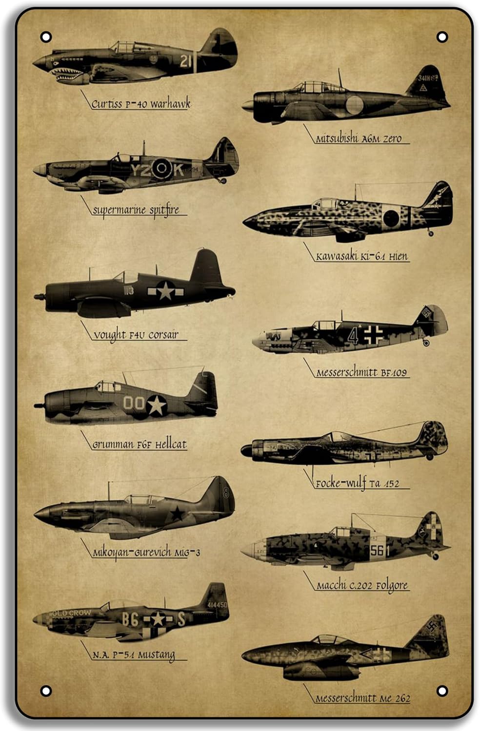 WWII Fighter Planes 8x12in Metal Tin Sign – Vintage World War II Aircraft Art, Military Aviation Wall Decor