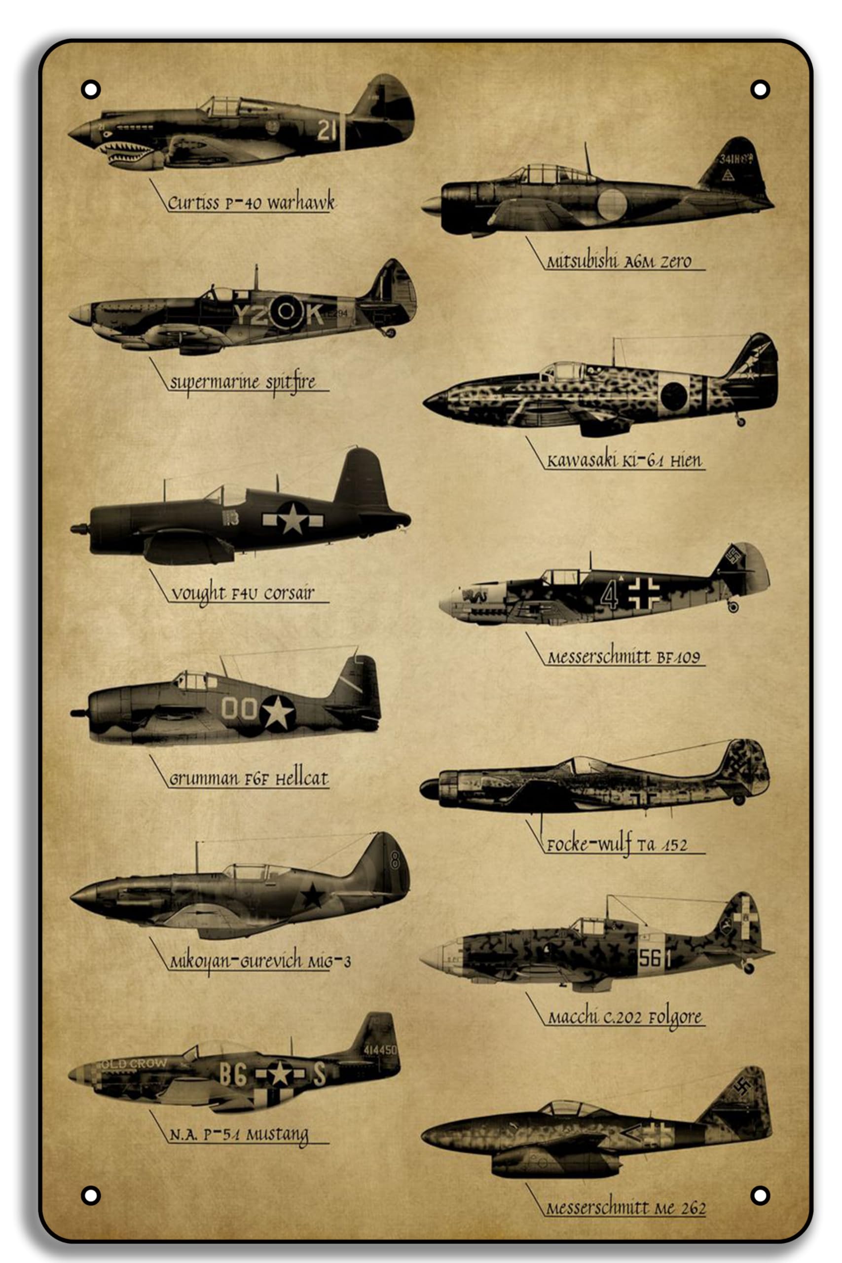 WWII Fighter Planes 8x12in Metal Tin Sign – Vintage World War II Aircraft Art, Military Aviation Wall Decor