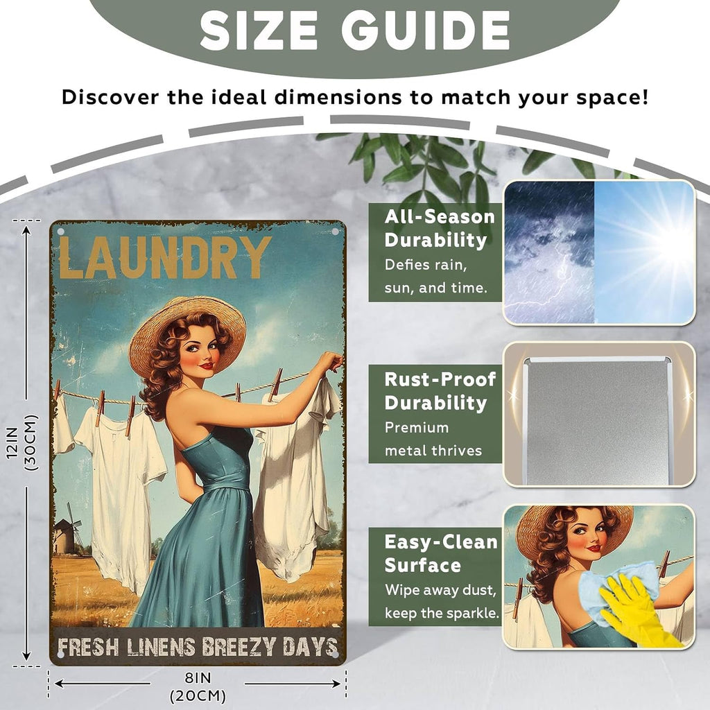 Laundry Metal Tin Sign Laundry Room Wall Decor Fresh Linens Breezy Days Signs Retro Posters for Bathroom Home Bedroom Laundromat Garden 8x12inch