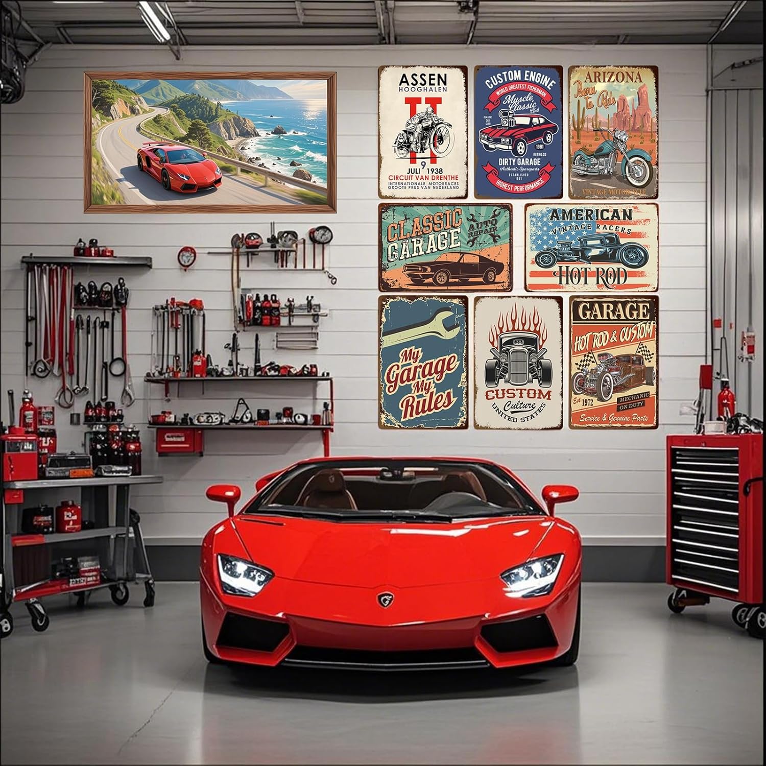 8 Pcs Vintage Tin Garage Signs,Vintage Metal Tin Signs Retro Garage Signs For Men Wall Decorations Car Posters Man Cave Decor 8×12 Inch（8pcs）
