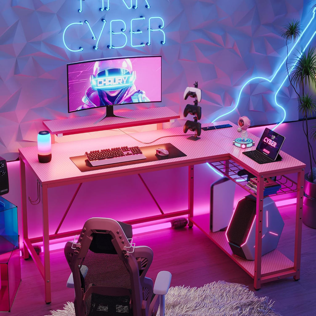 Bestier White Computer Desk with Charging Port & LED Strip,42 inch Modern Gaming Desk with Reversible Storage Shelves,Small L Shaped Desk with Hooks for Home Office