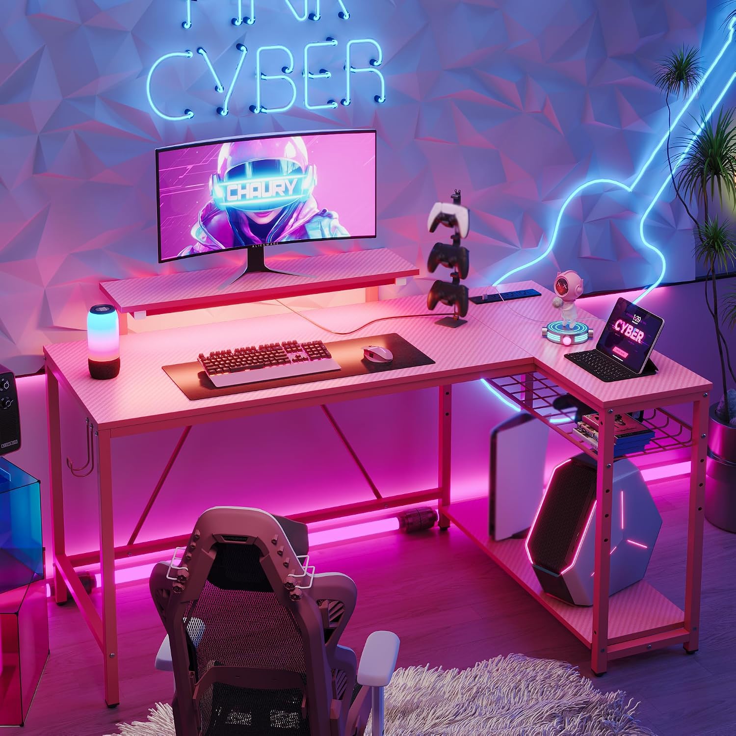 Bestier White Computer Desk with Charging Port & LED Strip,42 inch Modern Gaming Desk with Reversible Storage Shelves,Small L Shaped Desk with Hooks for Home Office