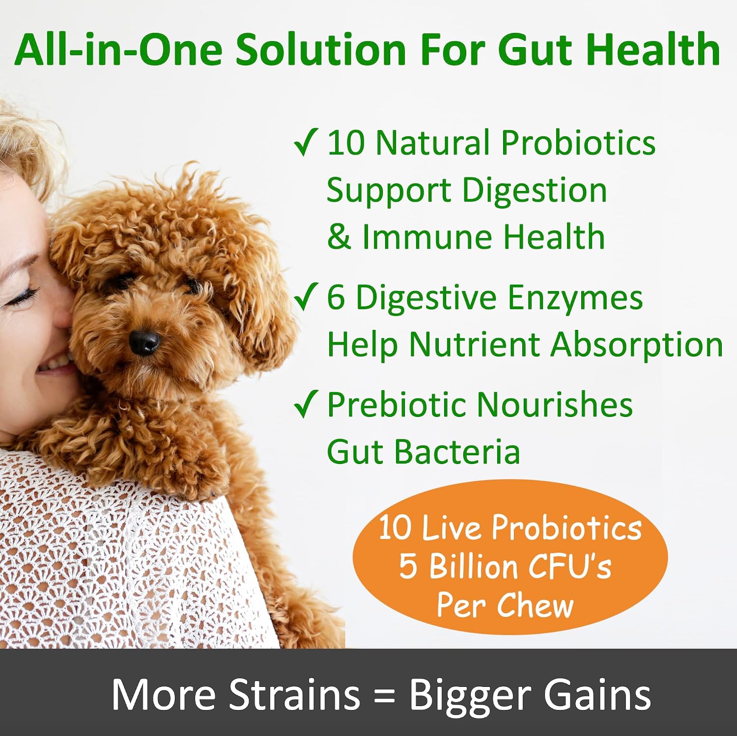TummyWorks Probiotics for Dogs. 120 Probiotic Soft Chews for Digestive Health, Gut, Immunity, Energy, Allergies, Skin & Coat. 10 Strains, 5 Billion CFUs with 6 Enzymes. Made in USA