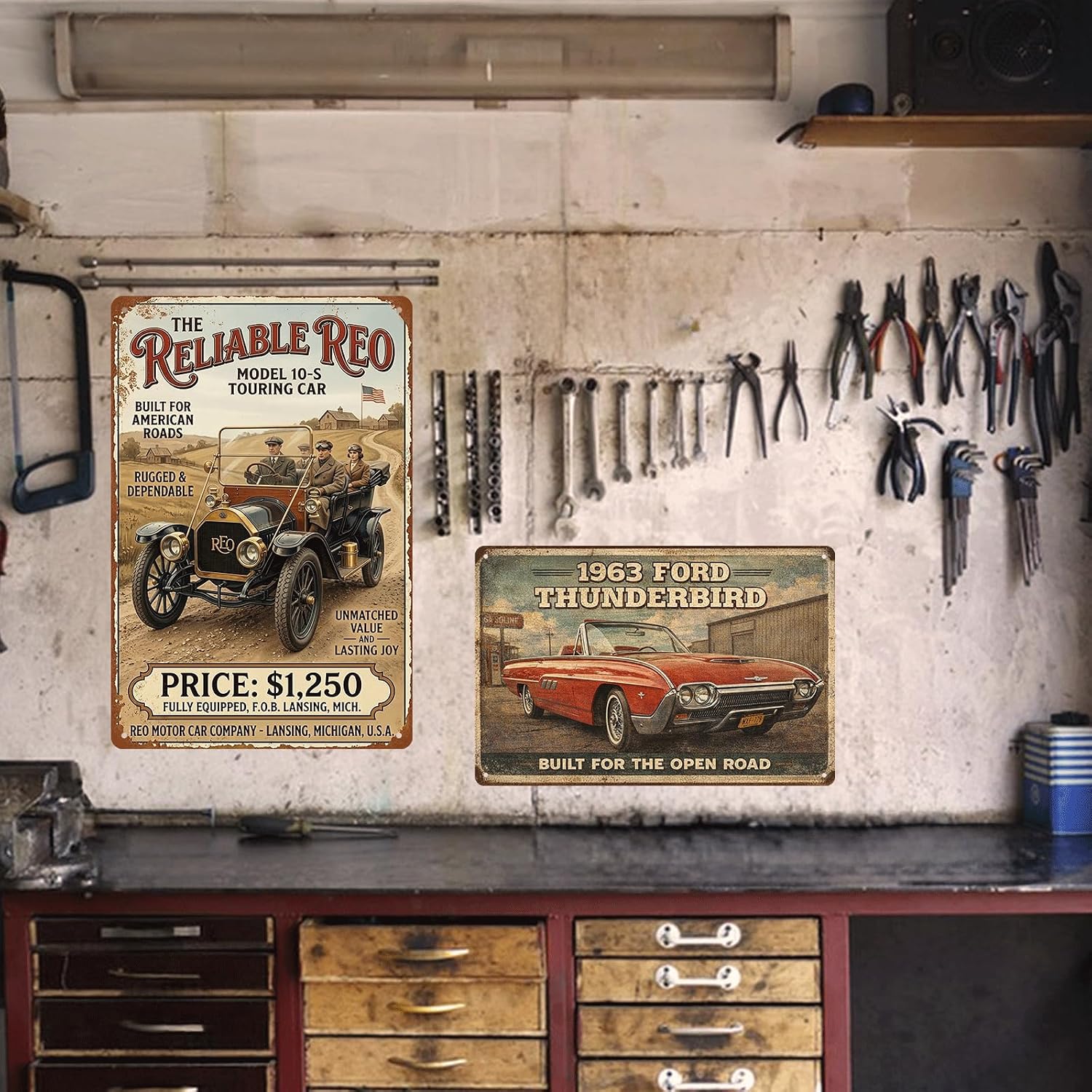 Vintage Car Sign Retro Sports Car Metal Tin Signs, Tin Sign Car for Garage Decor, Classic Car Decor Early American Metal Garage Sign for Man Cave, 8x12 Inch (REO model 10-S)