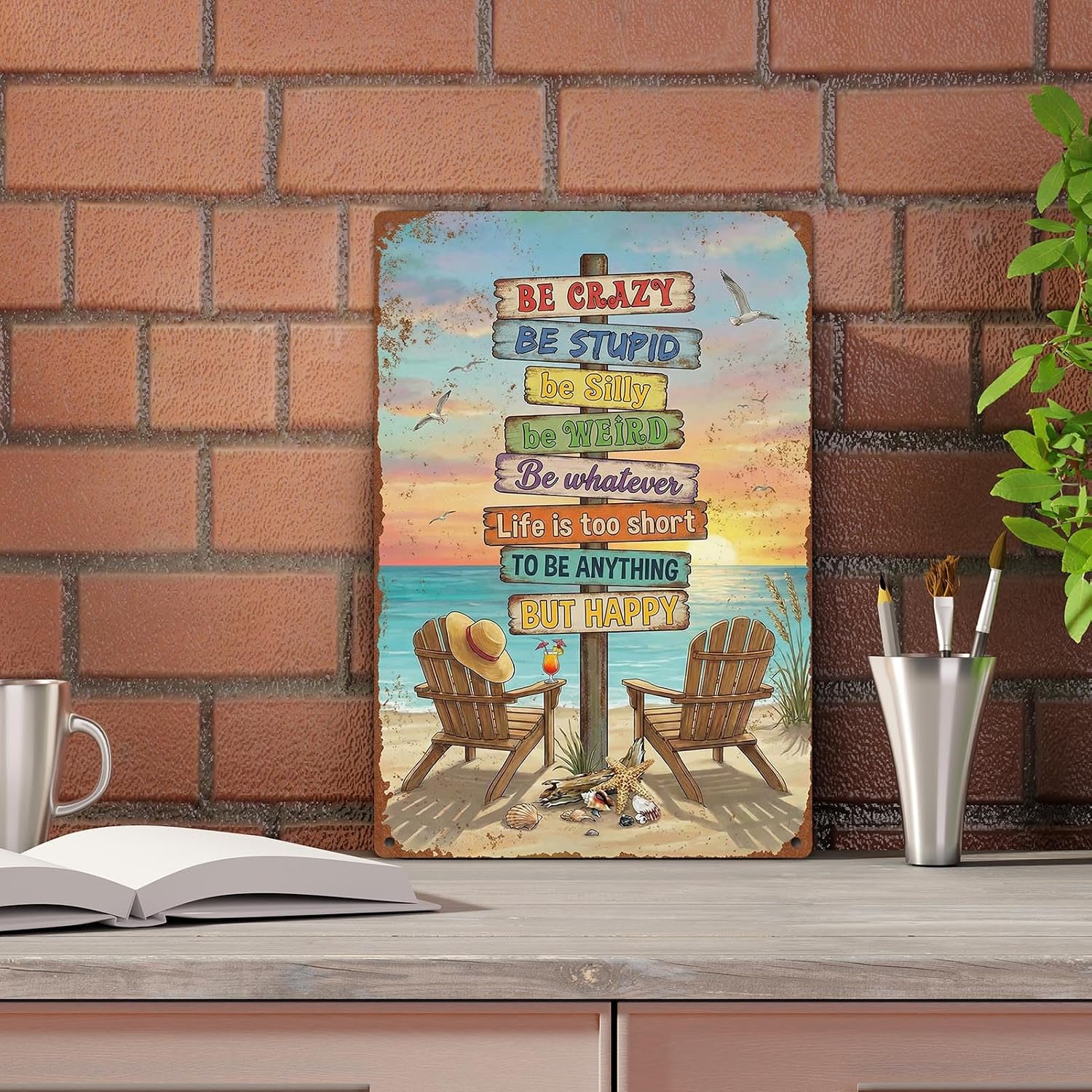Beach Coastal Tropical Metal Tin Sign Wall Decor, Vintage Inspirational 8x12 Inch Wall Art for Lake House Coastal Beachy Room Cottage Cabin