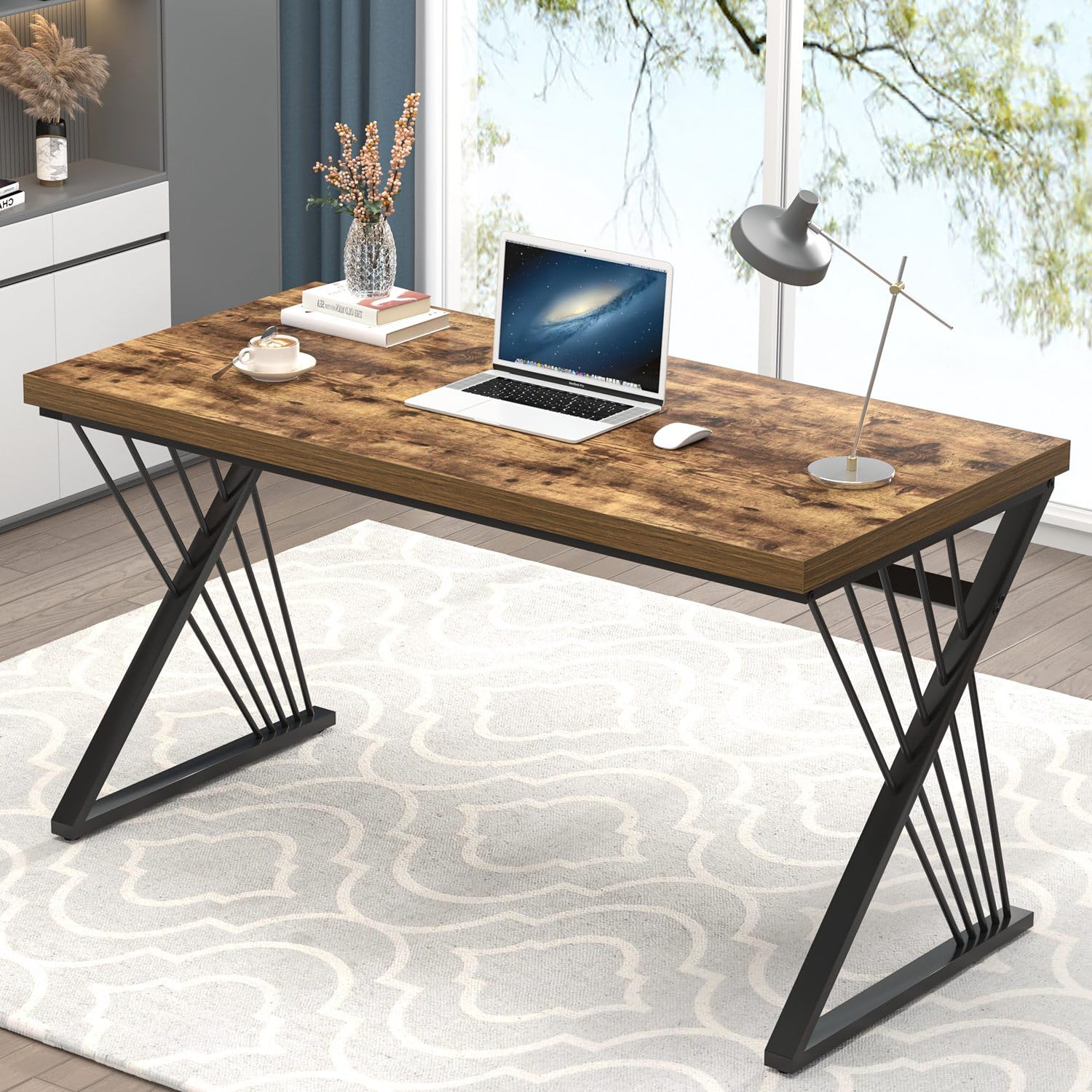 FOLUBAN Home Office Desks, Modern Wood and Metal Writing Study Work Table, Industrial Computer Desk for Bedroom Living Room, Rustic Walnut, 47 Inch