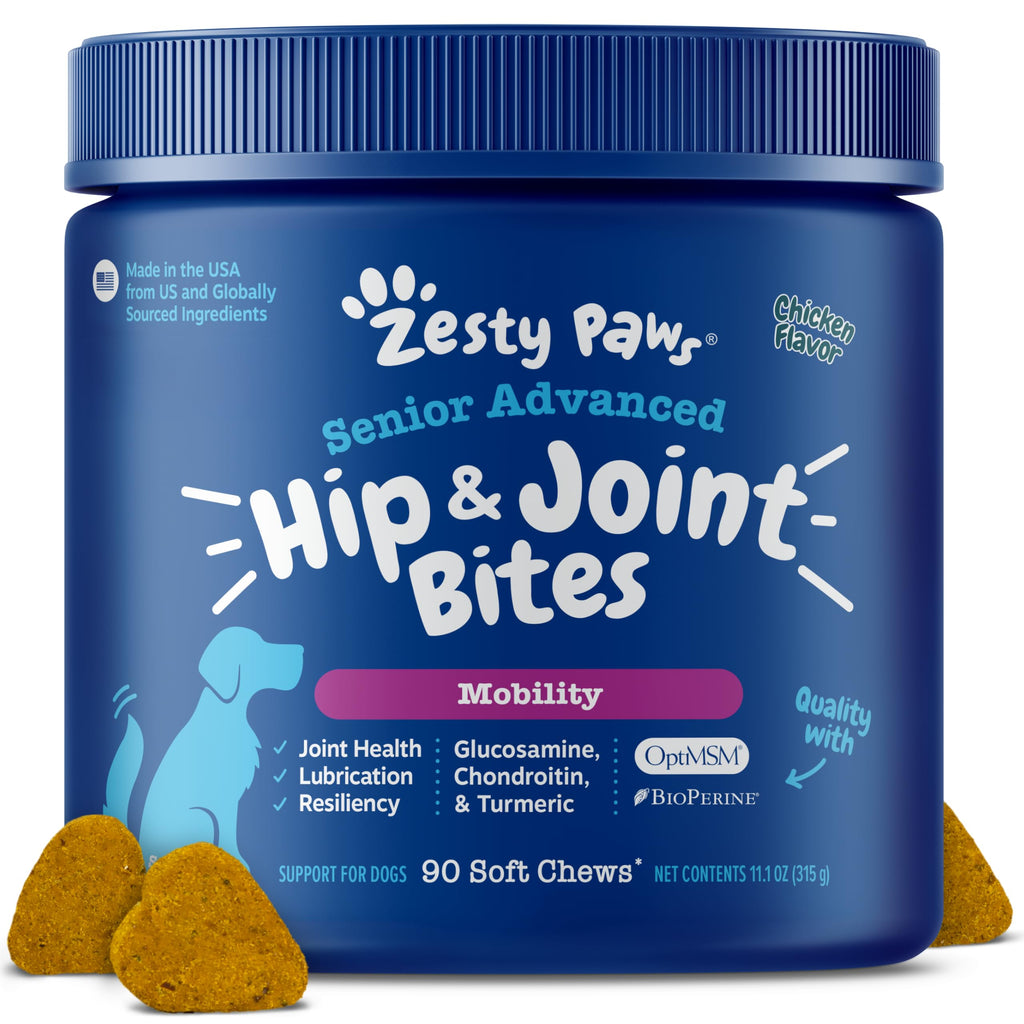 Zesty Paws Hip and Joint for Dogs, Glucosamine for Dogs Hip and Joint Supplement with Chondroitin, MSM, Vitamins C & E - Bacon, 90 Count