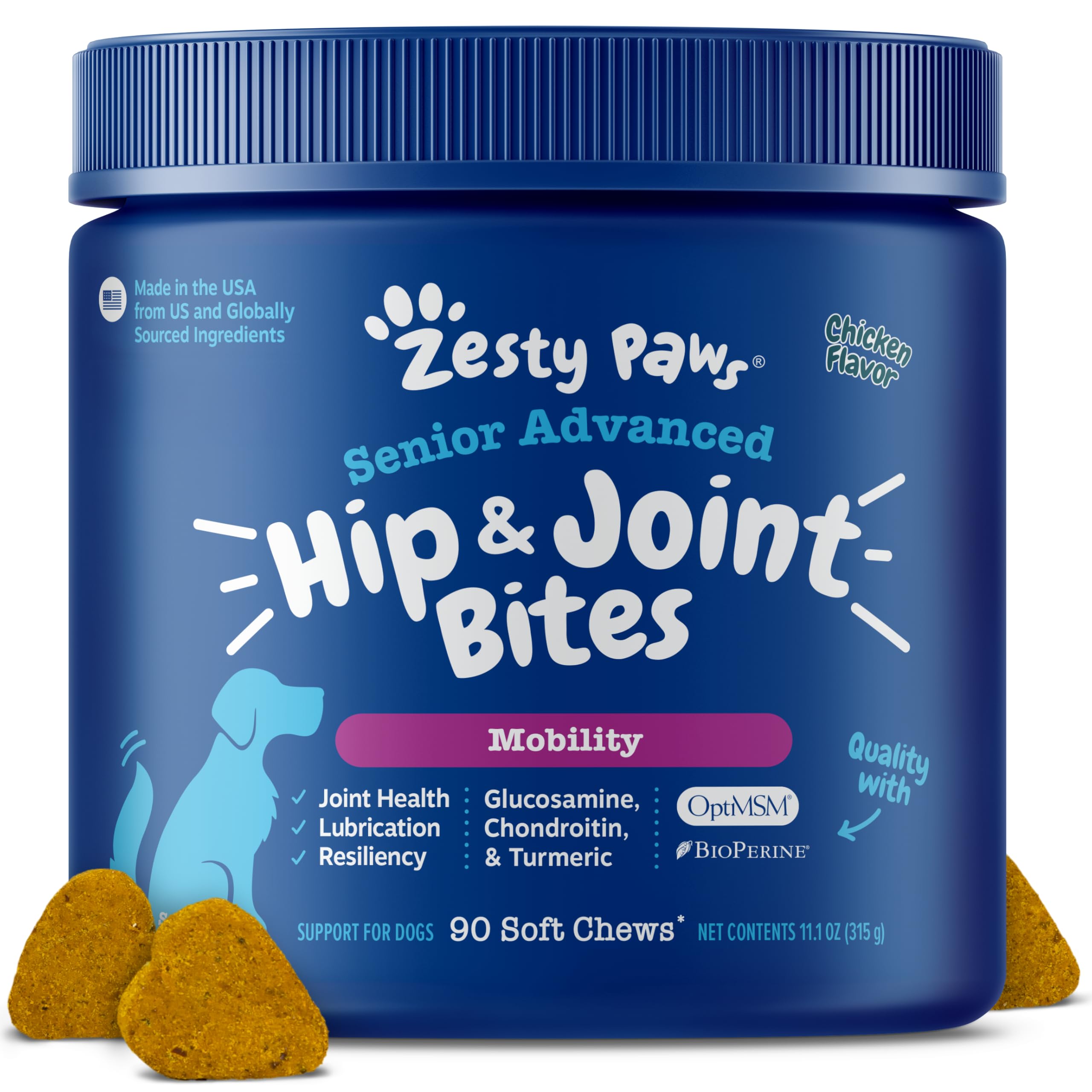 Zesty Paws Hip and Joint for Dogs, Glucosamine for Dogs Hip and Joint Supplement with Chondroitin, MSM, Vitamins C & E - Bacon, 90 Count