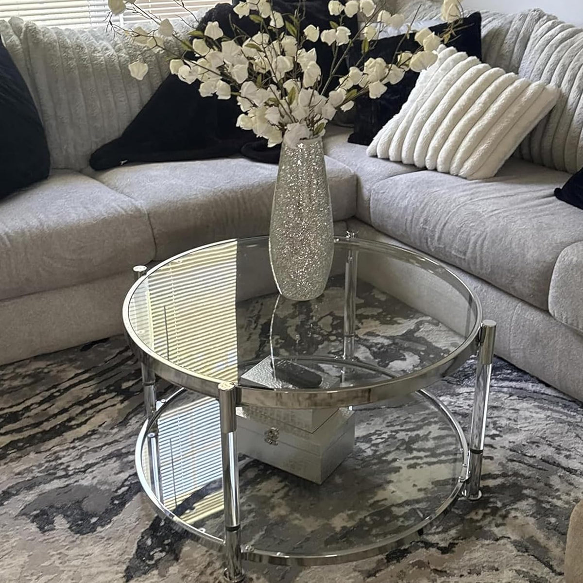 Tempered Glass Round Coffee Table, 28" Modern Acrylic Legs Circle Center Table for Living Room