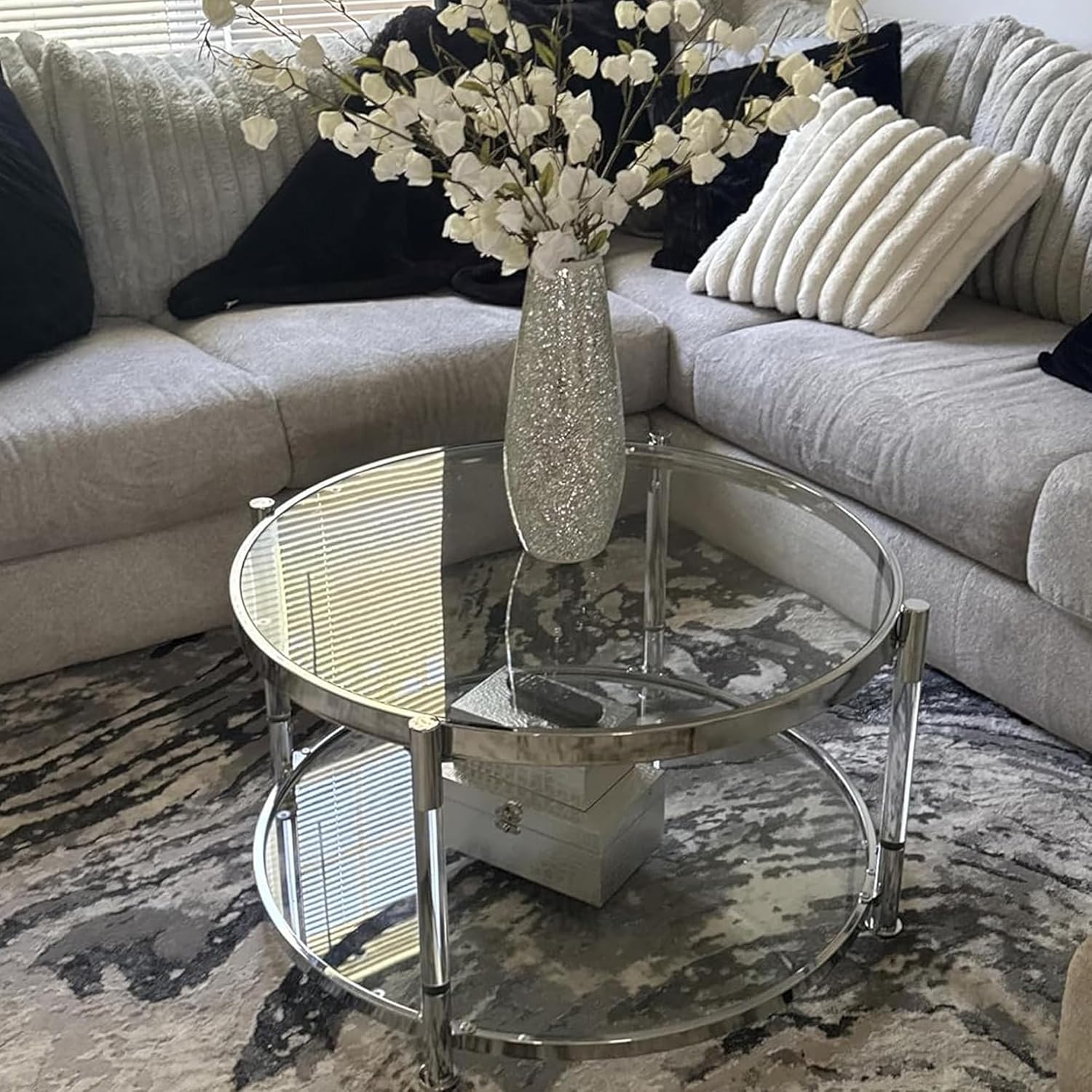 Tempered Glass Round Coffee Table, 28" Modern Acrylic Legs Circle Center Table for Living Room