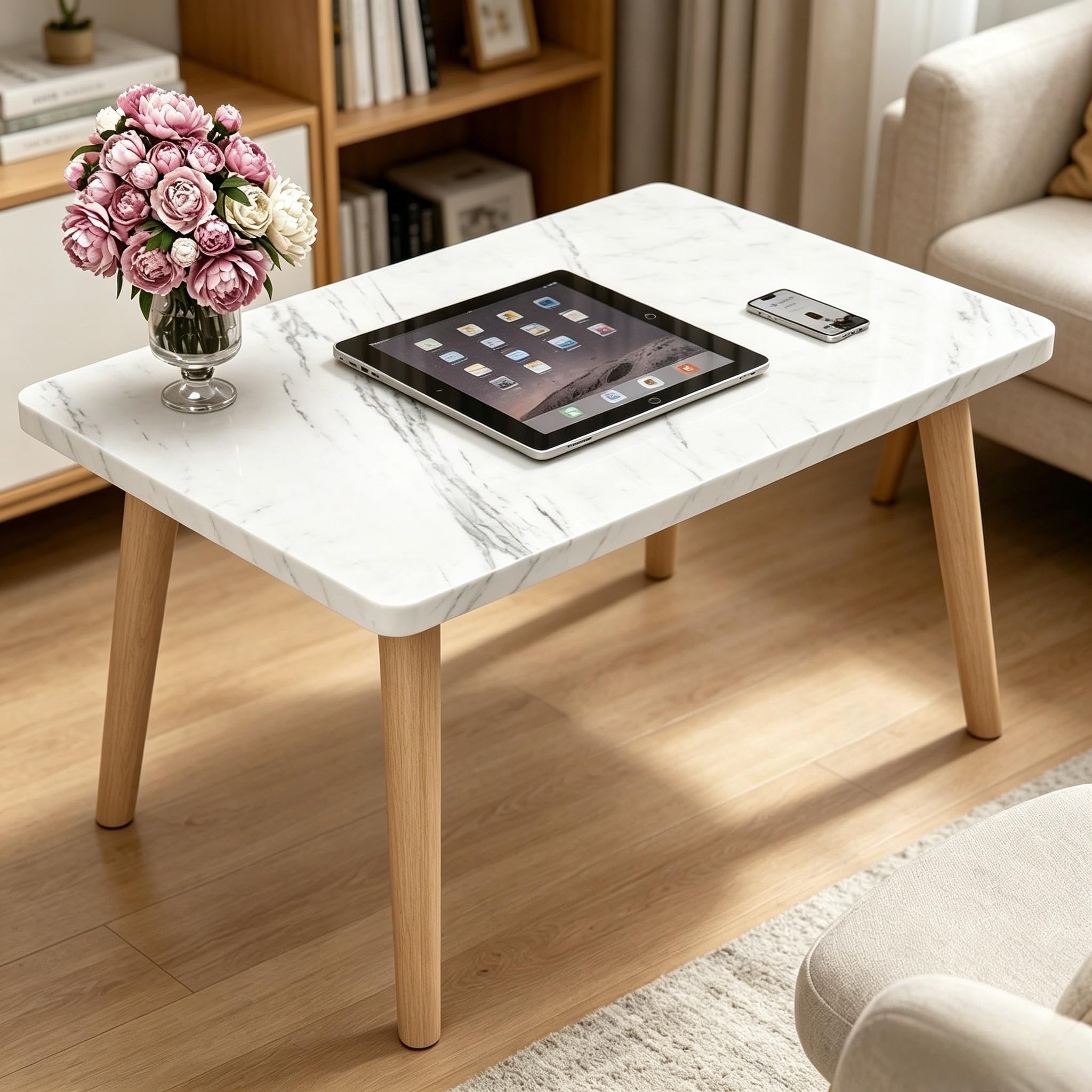 FAMIDGE Coffee Table, 23.6" Small Oval Coffee Tables for Small Space with 4 Solid Wood Leg, Floor Table Desk for Sitting on The Floor, Side Table Japanese Low Table for Living Room Apartment, Brown
