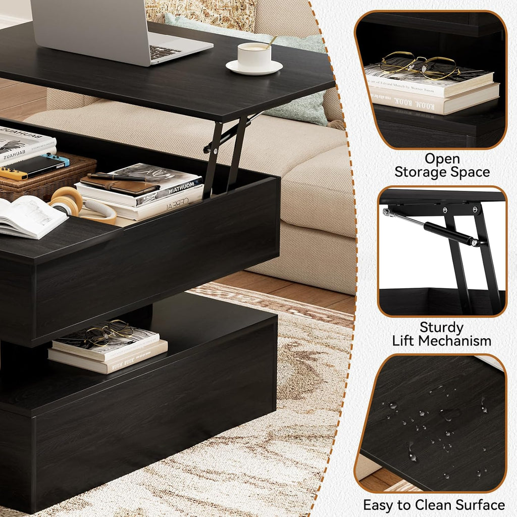 FABATO Lift Top Coffee Table with Storage and Hidden Compartment, Wood Square Coffee Table for Living Room,31.5'' Small Center Table with Open Display Shelf for Dining Reception Room, Black