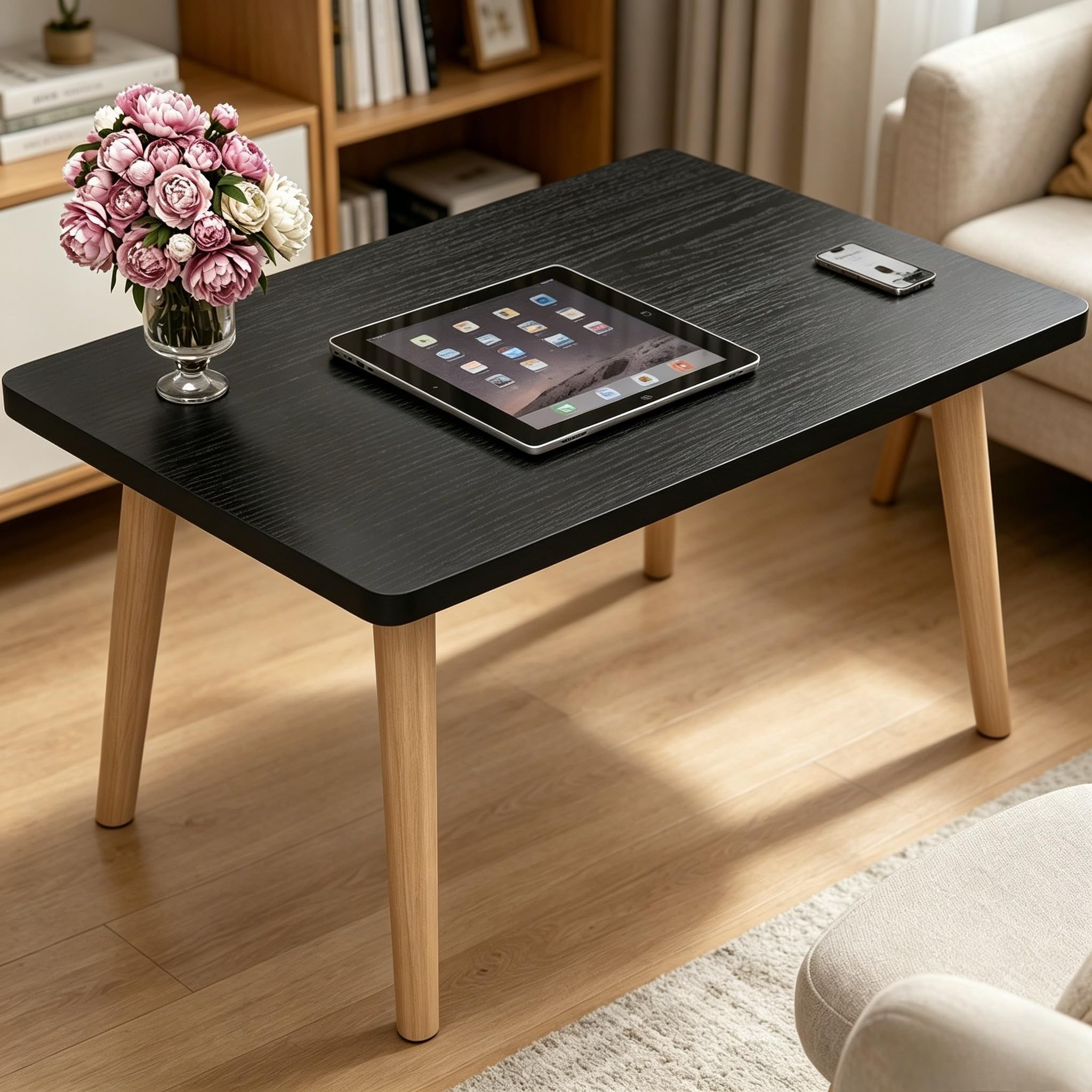 FAMIDGE Coffee Table, 23.6" Small Oval Coffee Tables for Small Space with 4 Solid Wood Leg, Floor Table Desk for Sitting on The Floor, Side Table Japanese Low Table for Living Room Apartment, Brown