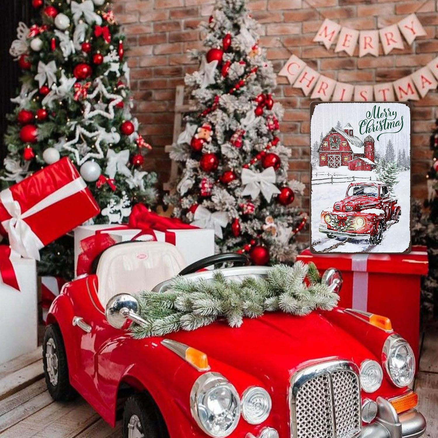 Vintage Christmas Red Truck Wall Sign - Metal Plaque Sign Decorations - 8x12 Inch