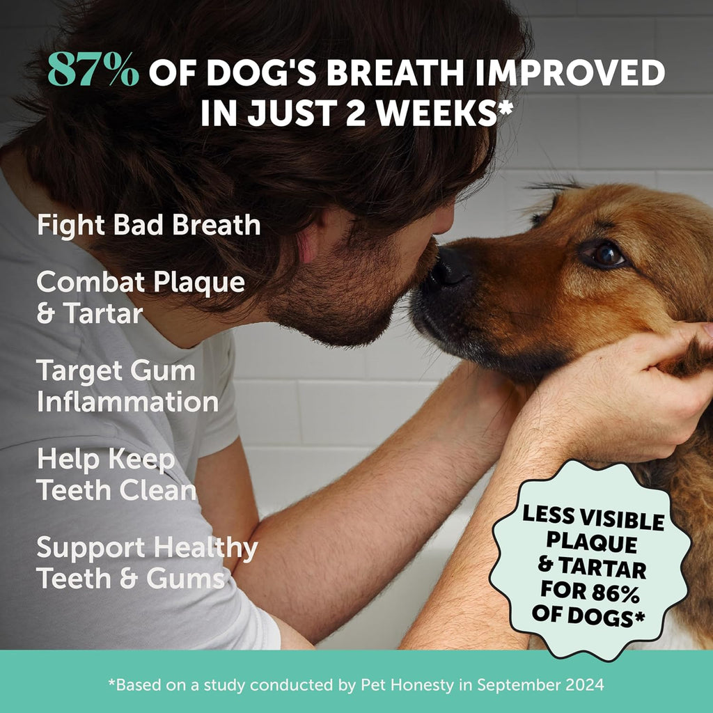 Dog Breath Freshener Dental Powder - Teeth Cleaning Plaque Off + Tartar Remover for Dogs - Care Supplement Food Topper with Kelp, HMP + Postbiotics for Healthy Gums - Mint Flavor (30 Servings)