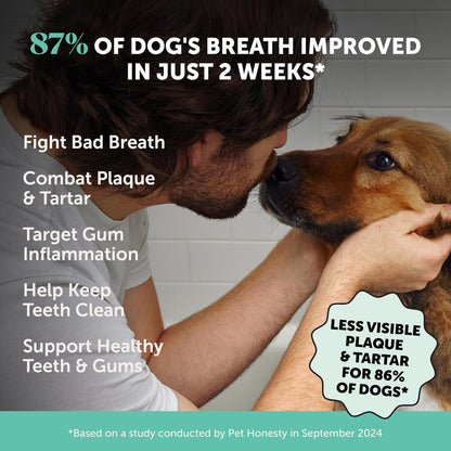 Dog Breath Freshener Dental Powder - Teeth Cleaning Plaque Off + Tartar Remover for Dogs - Care Supplement Food Topper with Kelp, HMP + Postbiotics for Healthy Gums - Mint Flavor (30 Servings)